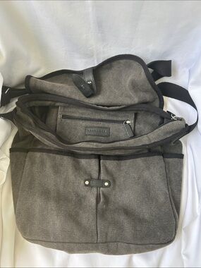 Levenger Gray Canvas Messenger Bag with Dark Trim and Leather Accents